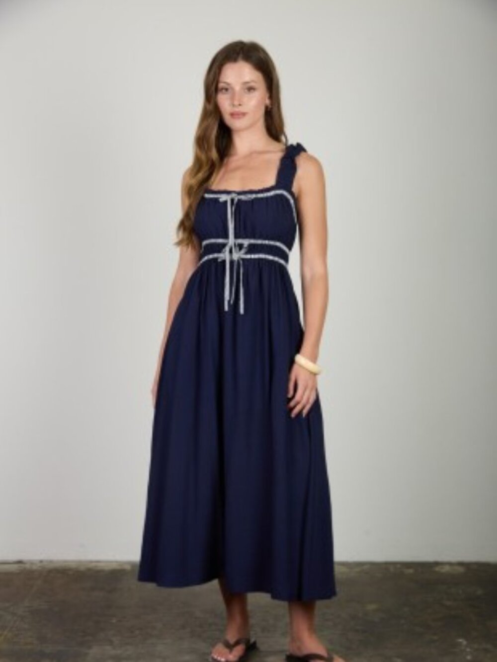Shirred Stripe Front Tie Sleeveless Midi Dress